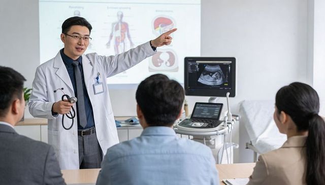 Asian doctor leading sonography lecture with ultrasound fetal scan for clinical training