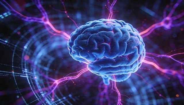 Pulsing Neon Brain Connecting to Virtual Neural Network with Glowing Synaptic Filaments