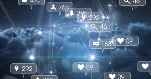Social network notifications floating above clouds with connected digital nodes and network lines