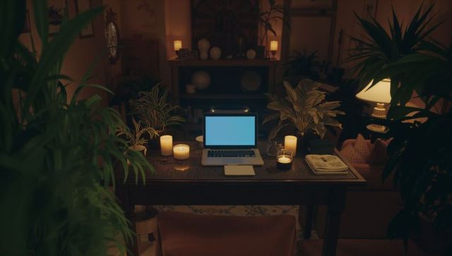 Cozy Home Office with Candles and Plants Creates Ambient Atmosphere