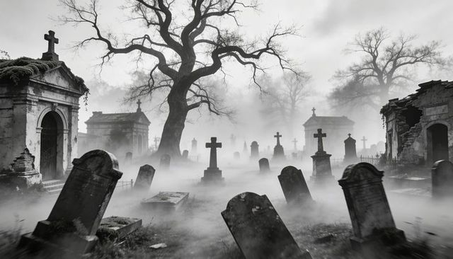 Foggy victorian graveyard with gnarled oak, leaning tombstones, crypts and crosses at night