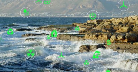 Rocky Coast with Green Energy Icons Highlighting Sustainability