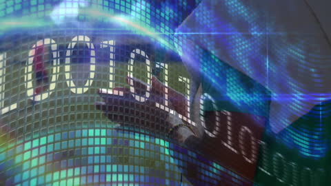 Futuristic Binary Code Overlay on Sports Arena