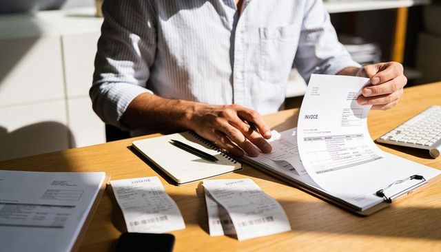 Reviewing invoices and receipts at sunlit office desk with pen and notepad