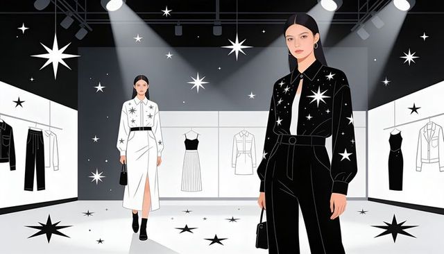 Asian model posing in monochrome boutique wearing star-print outfit beneath spotlight