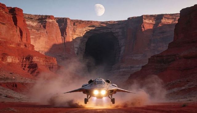 Hovering vtol craft landing on red canyon floor, dust plume rising beneath moonlit cavern