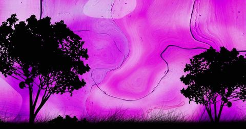 Tree Silhouettes on Wavy Purple Abstract Background