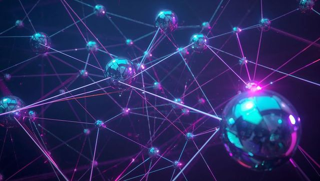 Futuristic network of metallic spheres with glowing connections