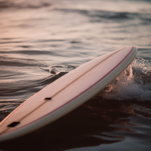 White surfboard lying on beach at sunset, created using generative ai technology. Surfing, sports, hobbies and vacation concept digitally generated image.