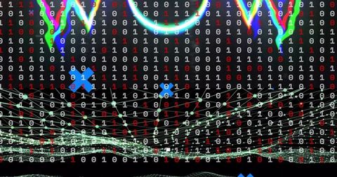 Neon Binary Stream and Network Mesh with Pulsing Cyan Ring for Cyber Data Visualization