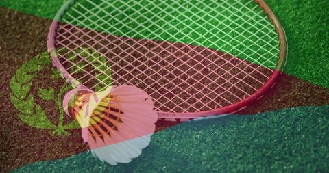 Badminton Racket with Shuttlecock on Turf Features Flag Overlays