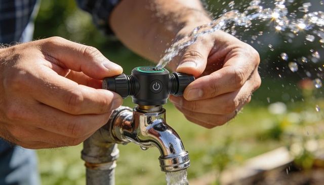 Hands adjusting smart hose adapter with led control on outdoor faucet spraying water