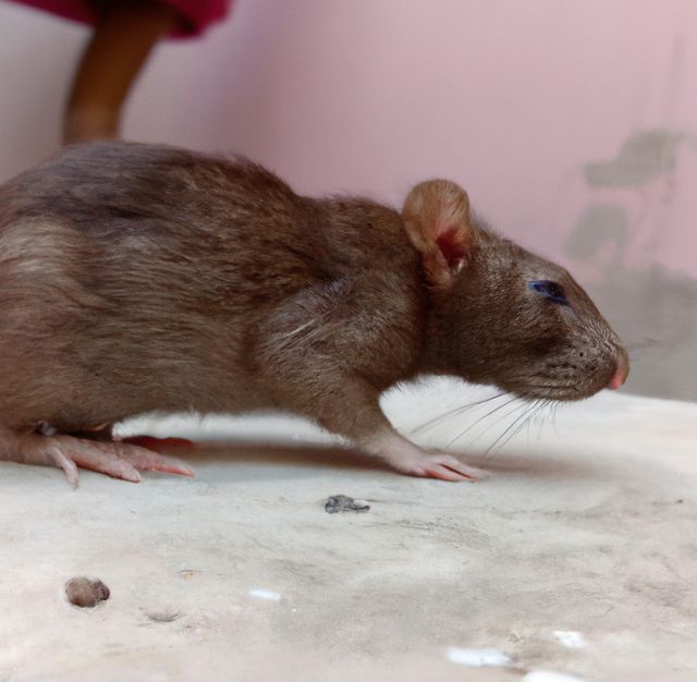Close-up image shows a brown rat sniffing the floor in an indoor setting. The image focuses on the rodent's detailed texture and posture, showing its curiosity. Suitable for articles or content related to pest control, rodent behavior, indoor infestations, or animal curiosity.