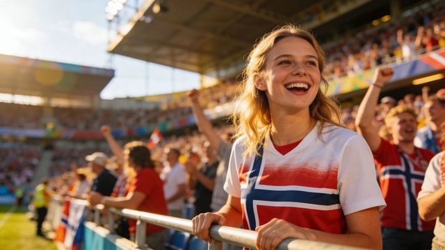 Smiling fan wearing norway flag shirt cheering in sunlit stadium crowd at soccer match