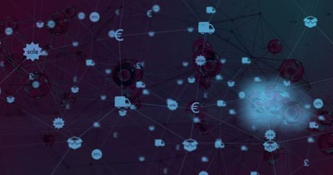 Connecting e-commerce network with currency symbols, delivery icons and glowing data nodes