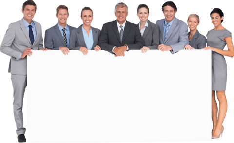 Diverse Business Team Holding Blank Card on Transparent Background
