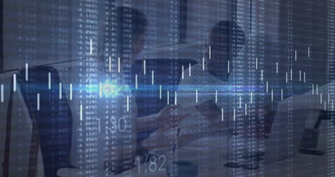 Animated Financial Data Overlay on Business Meeting Scene