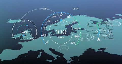Digital speedometer gauge on futuristic european map interface
