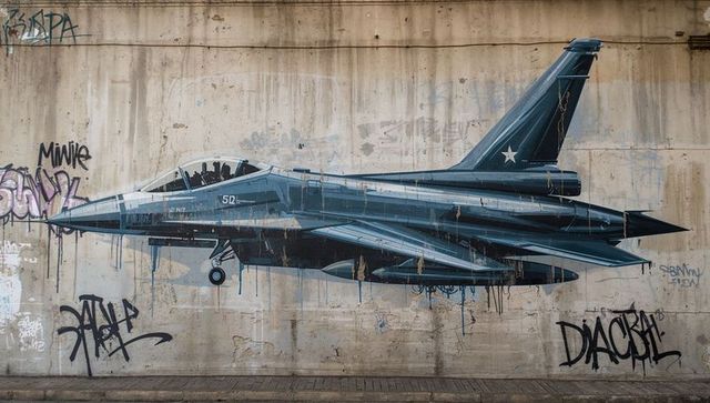 Intricate fighter jet mural on urban concrete wall with graffiti