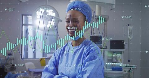 Innovative Surgeon in Blue with Digital Analytics Overlay