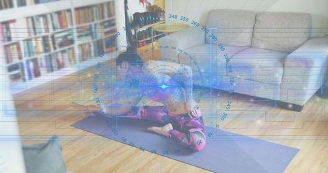 Stretching korean woman on purple mat at home with holographic hud overlay for wellness