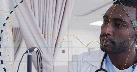Physician analyzing digital health data overlays in modern hospital exam room