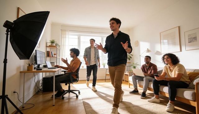 Diverse creative team presenting and collaborating in bright home studio with softbox