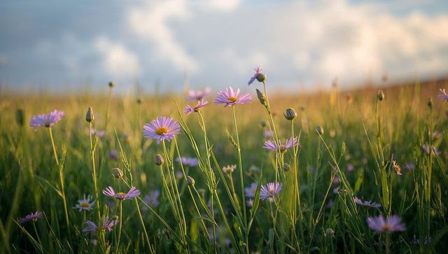 Swaying purple asters in golden hour meadow wildflower field with cumulus clouds