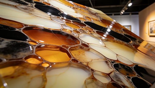 Abstract amber agate resin slab showing cellular patterns and reflected gallery lights