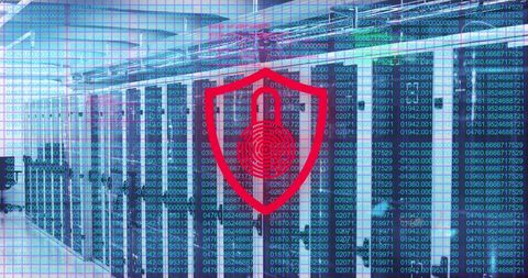 Cybersecurity shield over data center with coding numbers