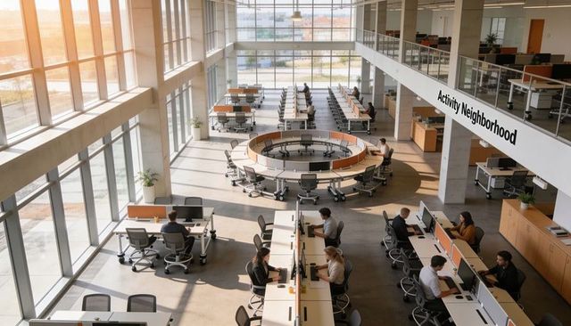 Sunlit open-plan office with circular workstation and collaborative activity neighborhood