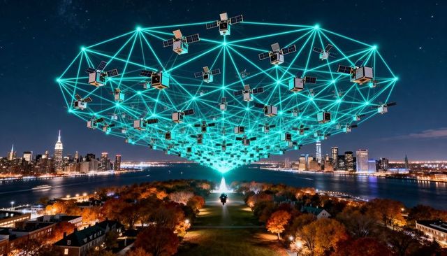 Turquoise satellite lattice hovering over city park casting futuristic light beam