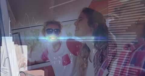 Joyful Friends Enjoy Car Ride with Digital Datametrics Overlay