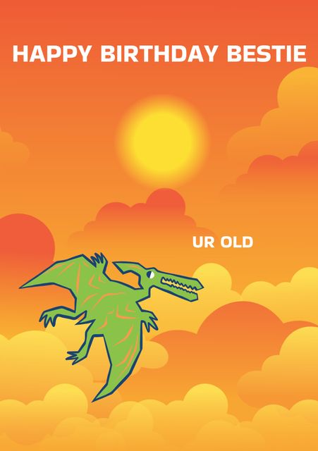 This vibrant and funny dinosaur-themed birthday card is perfect for sending humorous birthday wishes to your best friend. Featuring a cartoon-like green pterodactyl and a playful message 'Happy Birthday Bestie' with 'UR Old' added for comedic effect, this card brings a nostalgic feel with an orange sunset background. Ideal for those who love dinosaurs and have a great sense of humor. Can be used for digital or printed greeting cards, suitable for best friends celebrating a birthday.