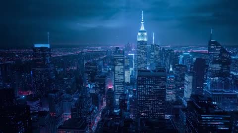 Drone Capturing Vibrant Nighttime Cityscape with Illuminated Skyline