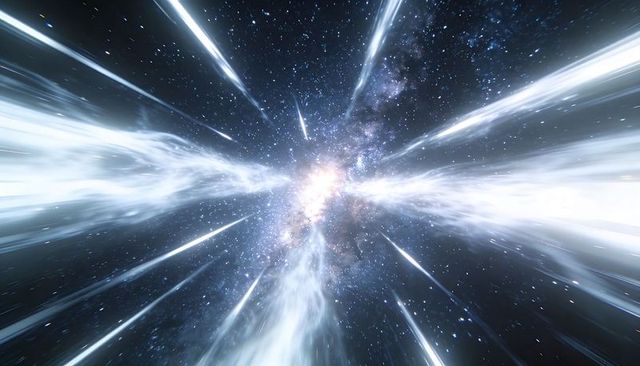 Radiating galactic core emitting bipolar light jets and radial warp-speed starfield nebula