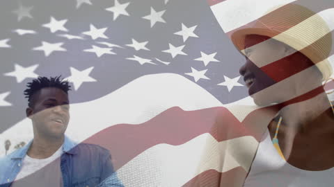 Smiling African American Couple with USA Flag Overlay