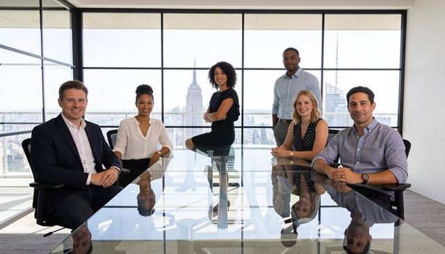 Diverse executive team holding strategy meeting in glass-walled conference room with city skyline