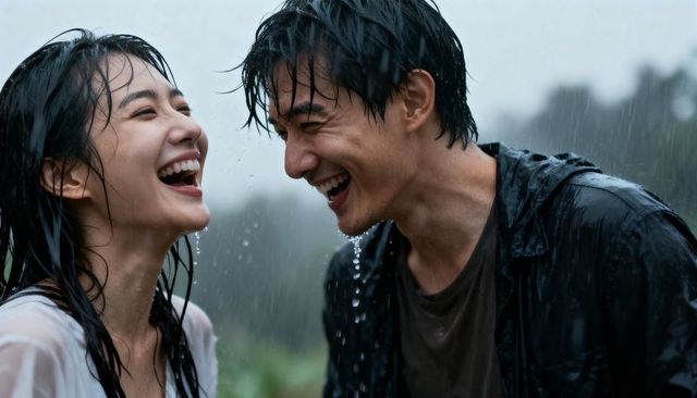 Laughing asian couple embracing rain-drenched moment in park, candid romantic joy