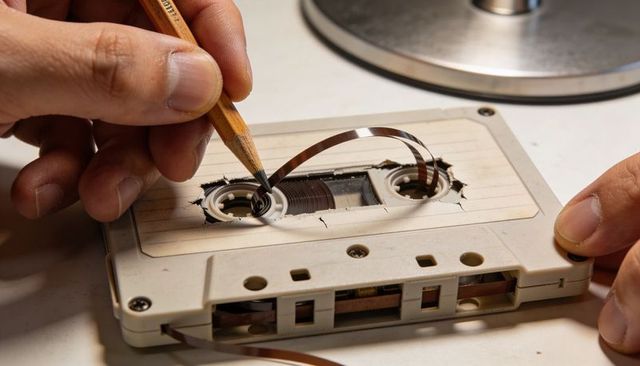 Hands restoring vintage cassette tape with pencil closeup on workbench diy repair scene