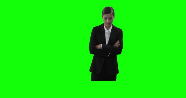 Businesswoman with arms crossed wearing formal suit and white shirt on green screen background. Perfect for graphic design projects, advertising, video production and presentations.