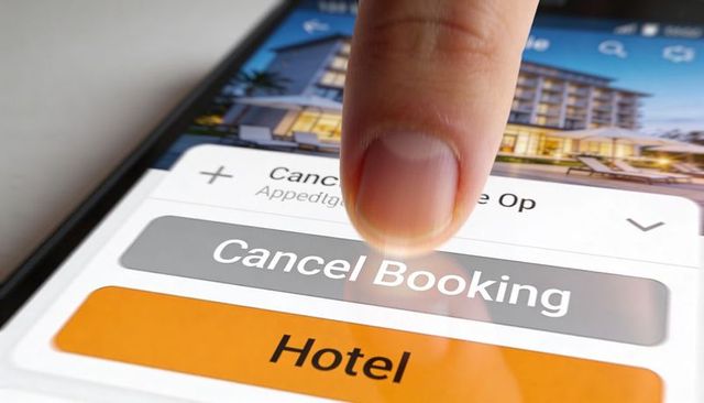 Tapping fingertip pressing Cancel Booking button on hotel booking app touchscreen