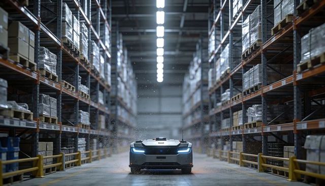 Autonomous agv navigating warehouse aisle with blue led headlights and pallet racks