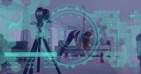 Virtual fitness engagement: woman recording yoga vlog with digital overlay