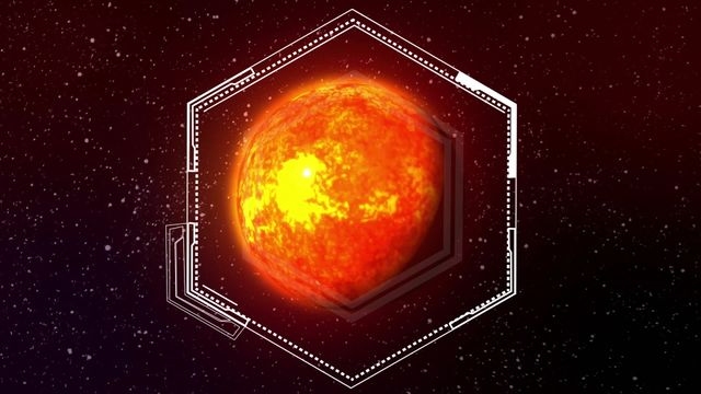 A futuristic hexagonal scanner scans data over an orange-glowing planet in outer space. Ideal for technology and AI concepts, illustrating data processing, digital transformation, and space exploration themes. Perfect for presentations, sci-fi graphics, and educational materials on digital and space technology innovation.