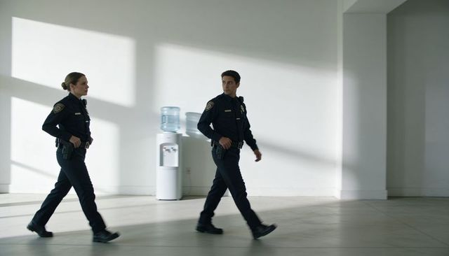 Walking police officers patrolling bright modern lobby with water cooler and sunbeams