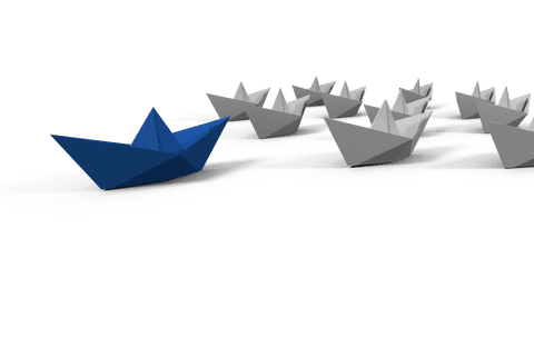 Transparent blue and white origami boats expression leadership concept
