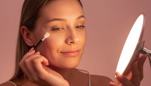Applying glitter under-eye highlight while holding lighted mirror closeup beauty routine