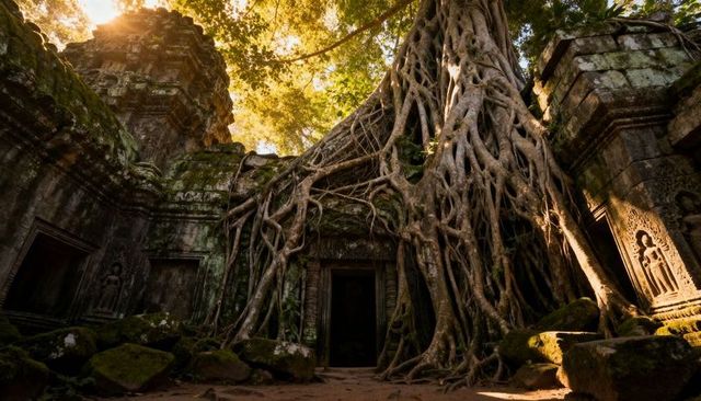 Banyan roots cascading over ancient jungle temple facade with carved doorway and moss