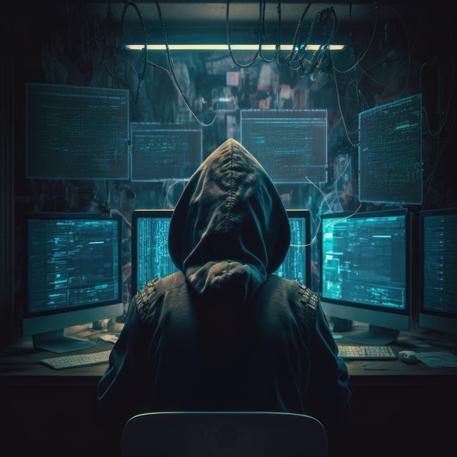 Depicts hacker with hoodie in dimly lit room, surrounded by multiple monitors displaying code. Useful for articles and content about cybersecurity, digital safeguards, hacking, or depicting mysterious computer-related scenarios.